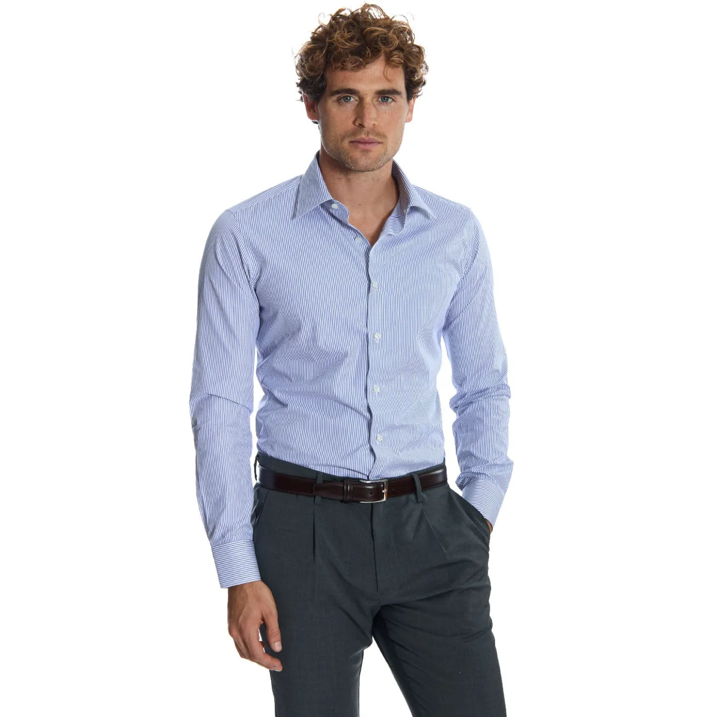 CAMICIA CLASSICA A RIGHE BIANCO E BLU SLIM In cotone popeline