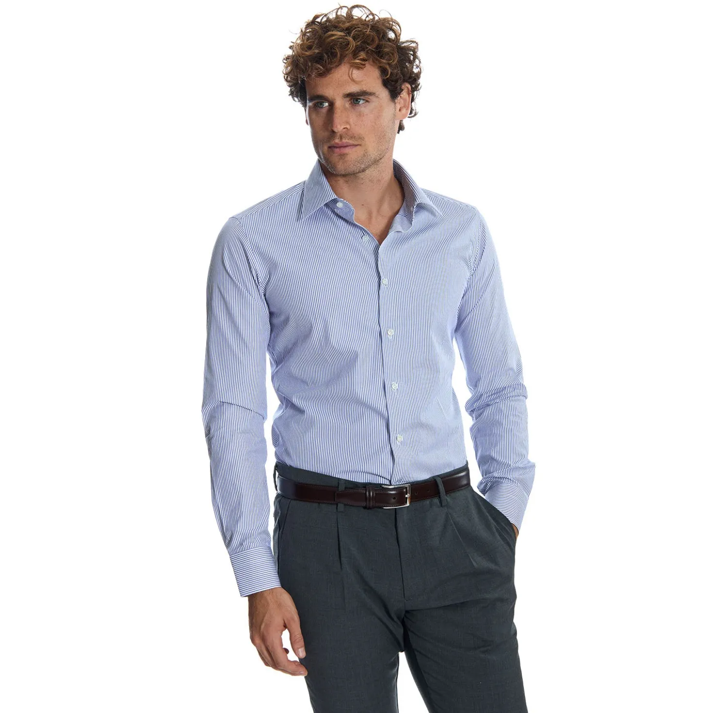 CAMICIA CLASSICA A RIGHE BIANCO E BLU SLIM In cotone popeline