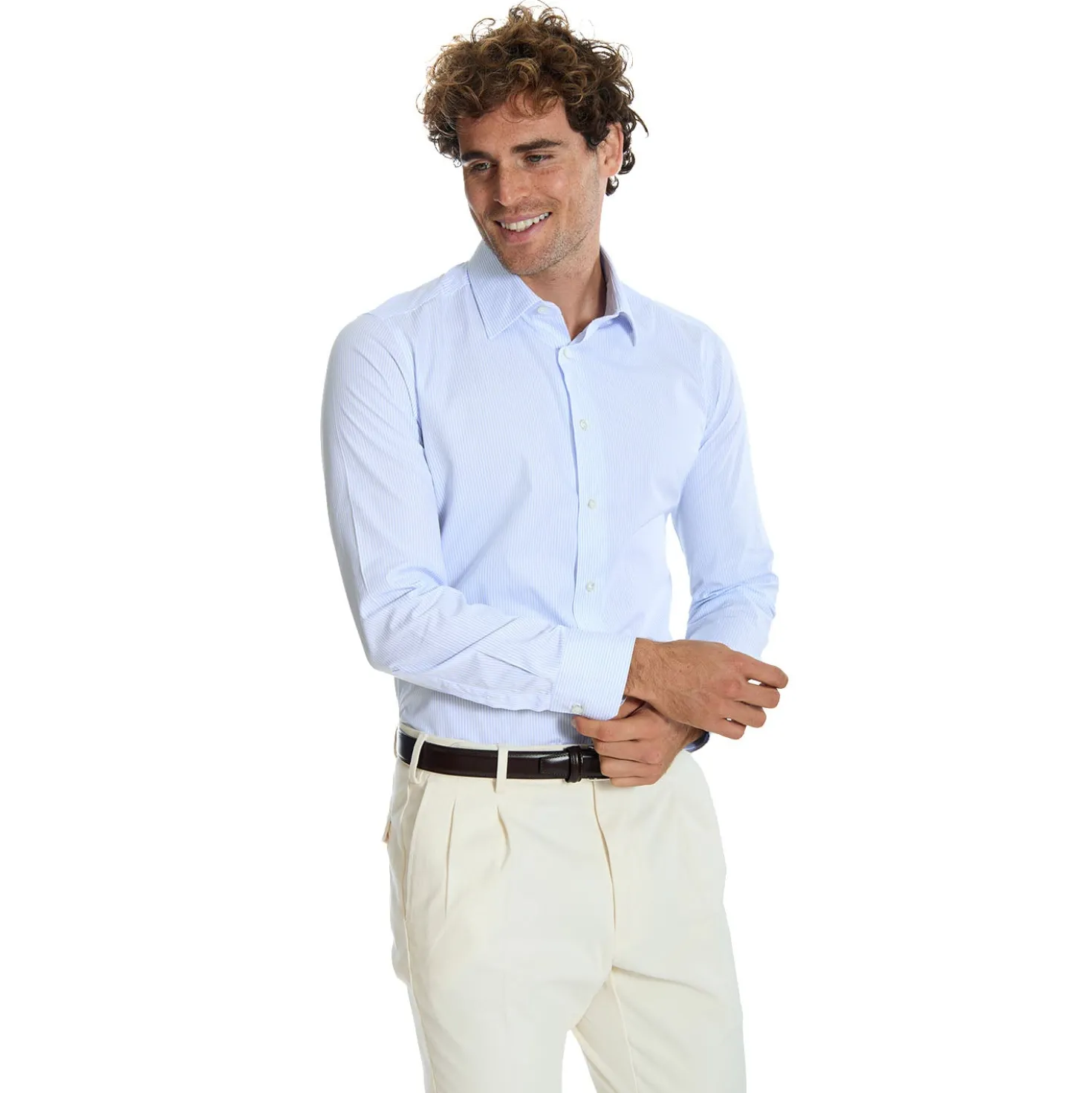 CAMICIA CLASSICA A RIGHE BIANCO E AZZURRO SLIM In cotone popeline