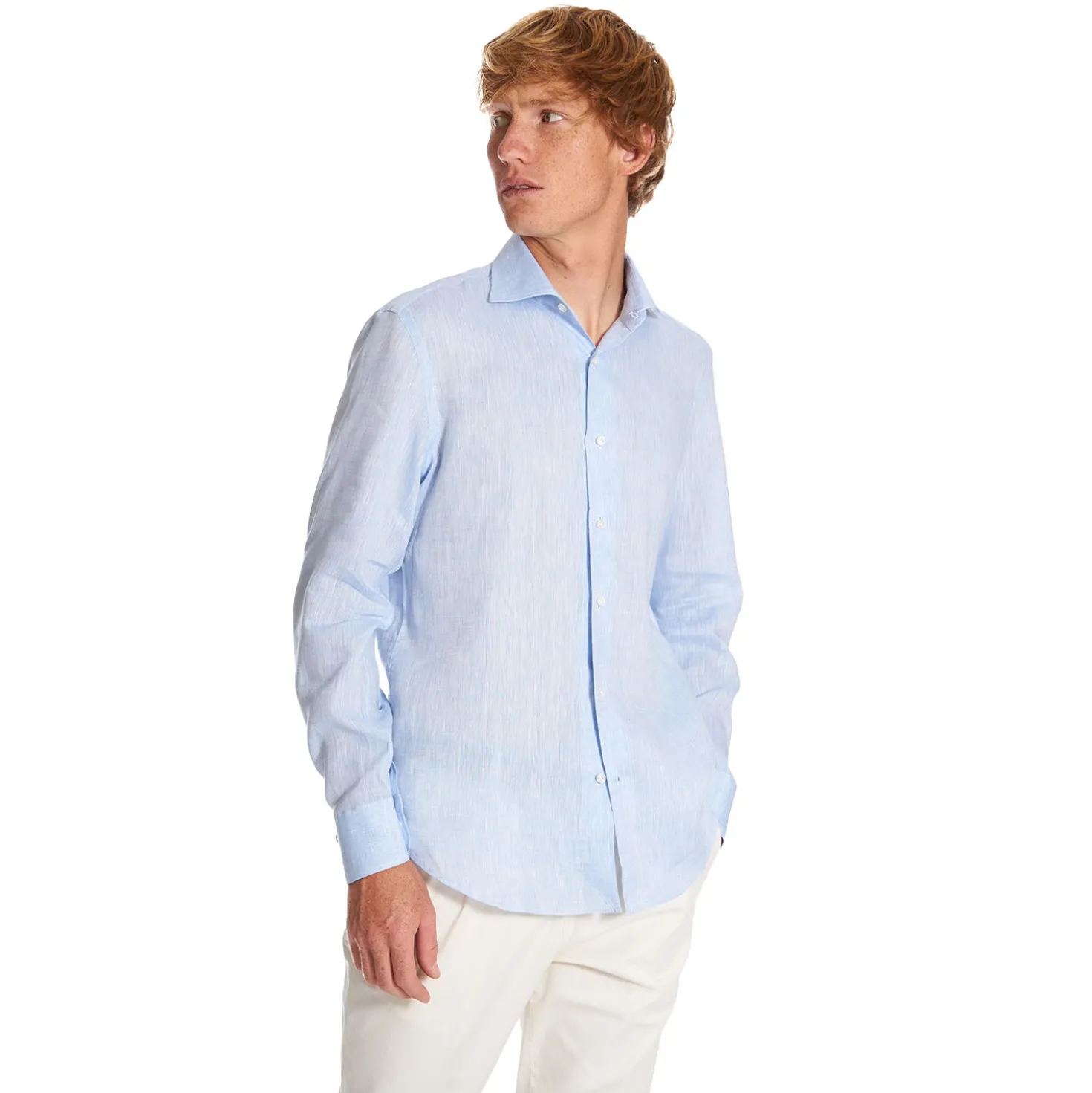 CAMICIA IN LINO AZZURRA Con bottoni in madreperla