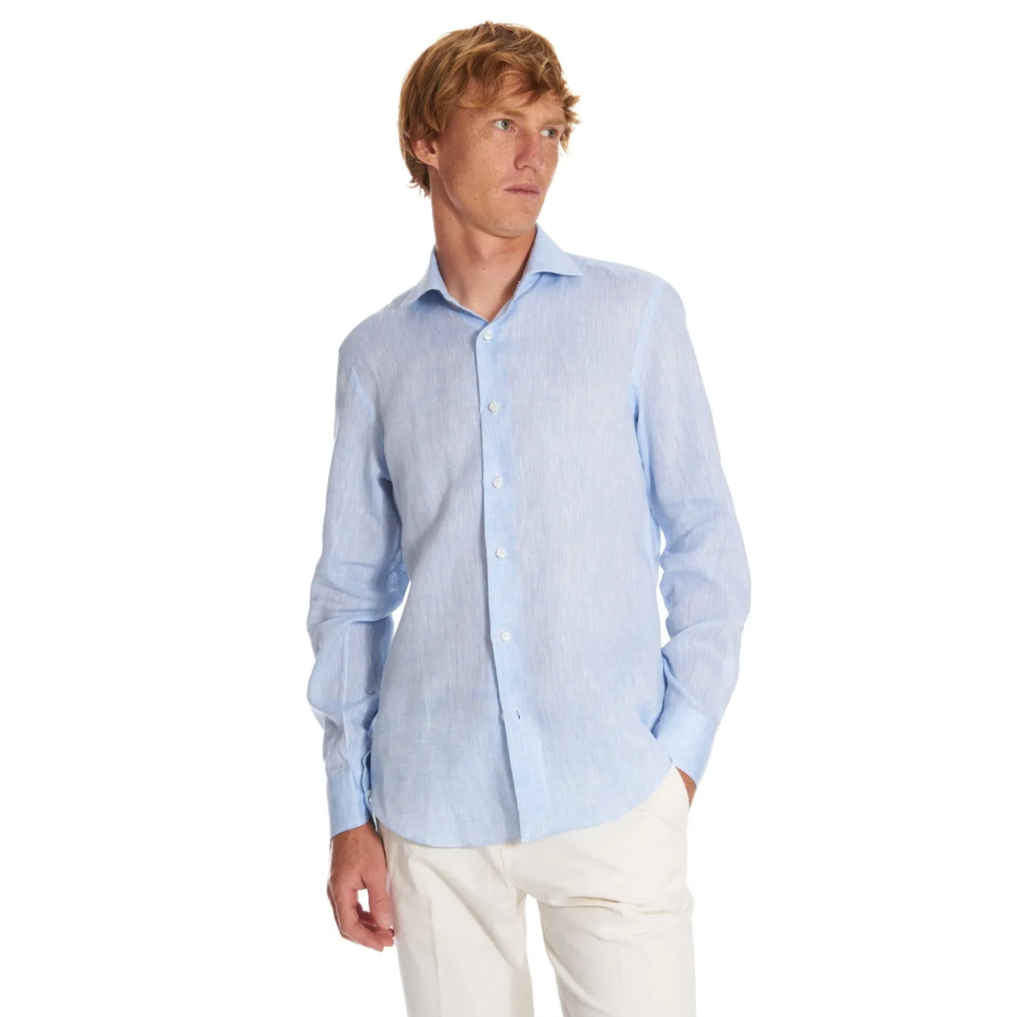 CAMICIA IN LINO AZZURRA Con bottoni in madreperla