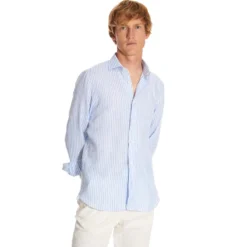CAMICIA IN LINO BIANCA E AZZURRA Rigata