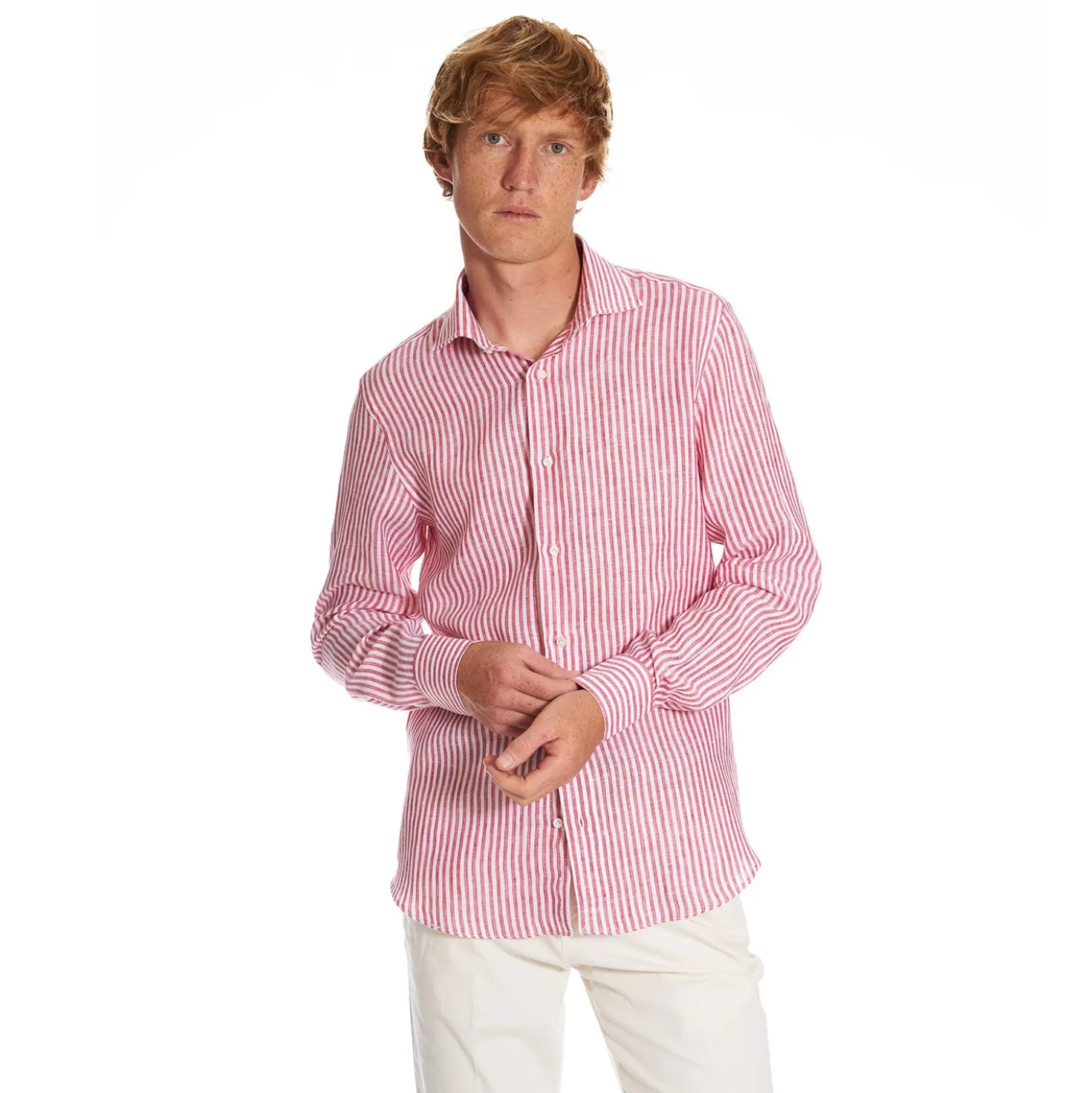 CAMICIA IN LINO BIANCA E BORDEAUX Rigata