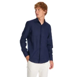 CAMICIA IN LINO BLU NOTTE Con bottoni in madreperla