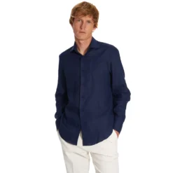 CAMICIA IN LINO BLU NOTTE Con bottoni in madreperla