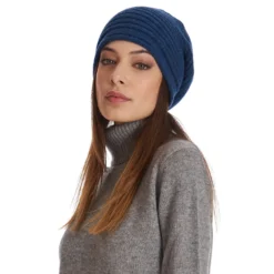 CAPPELLO BASCO A RIGHE BLU In cashmere