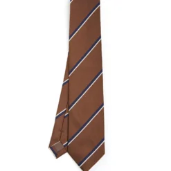 CRAVATTA REGIMENTAL IN SETA MARRONE SCURO Righe blu e bianche
