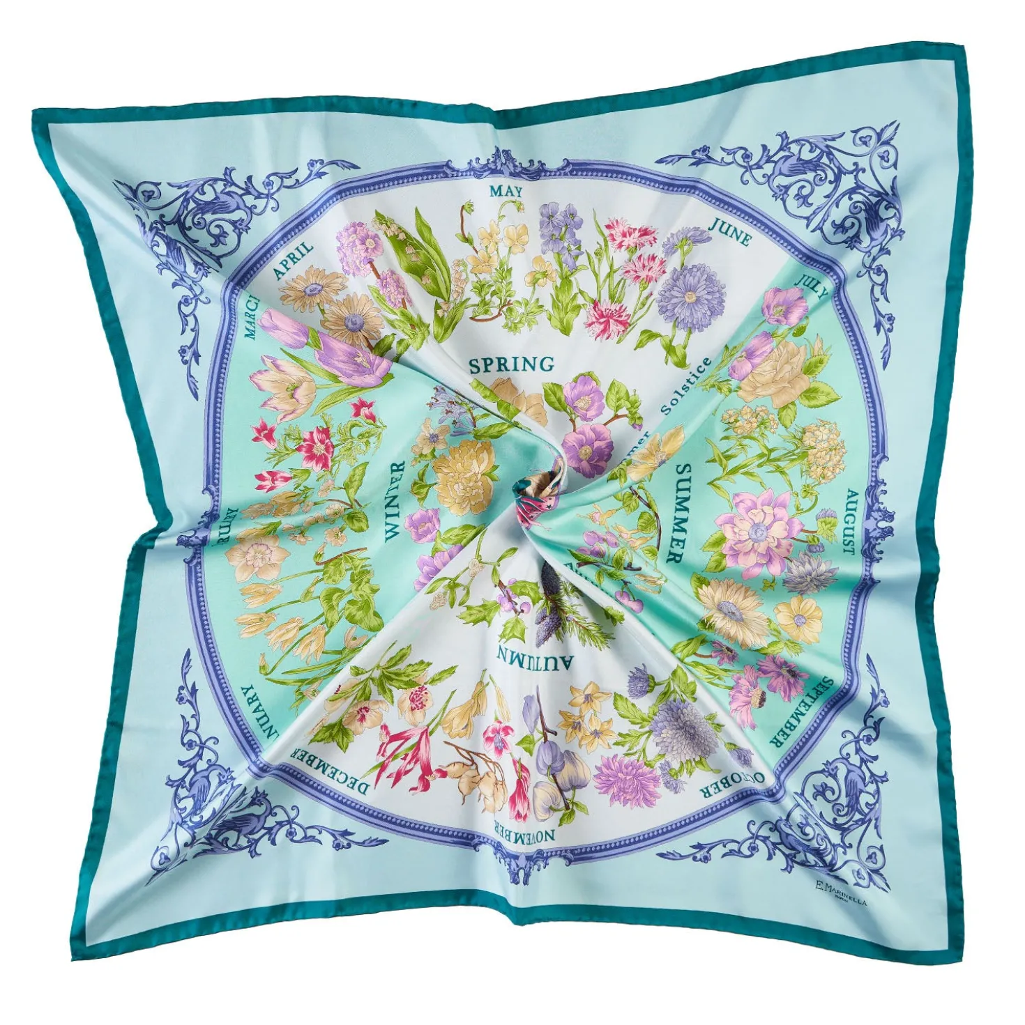FOULARD IN SETA 90 VERDE La ruota delle stagioni
