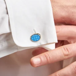 GEMELLI DA POLSO IN ARGENTO AZZURRO Con microfantasia fiore