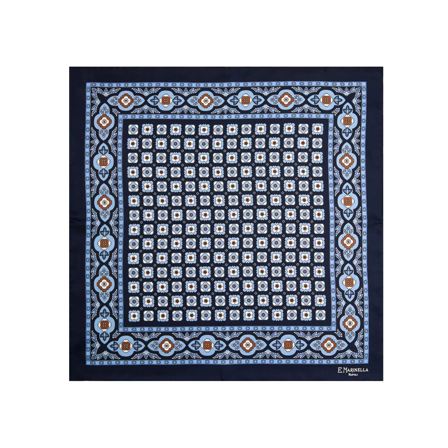 POCHETTE DA TASCHINO IN SETA STAMPATA A MANO BLU SCURO Microfantasia fiore